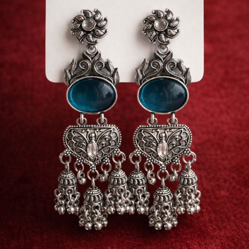 Saajvi™ Oxidized Blue & Red Stone Jhumka Earrings