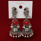 Saajvi™ Oxidized Blue & Red Stone Jhumka Earrings
