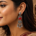 Saajvi™ Oxidized Blue & Red Stone Jhumka Earrings
